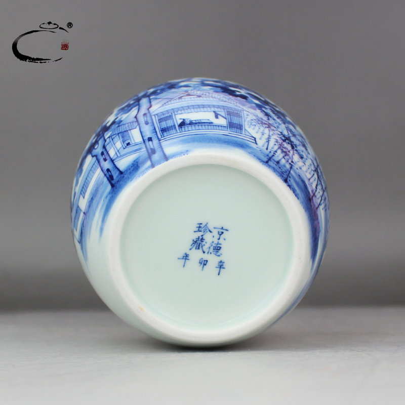 And auspicious jing DE collection jingdezhen blue And white beautiful landscape caddy fixings hand - made ceramic green tea, black tea POTS