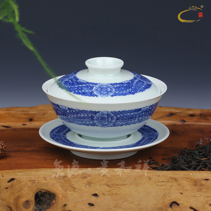 Beijing DE and auspicious all hand master of jingdezhen blue and white tureen hand - made ceramic kung fu tea set cover cup tea cup