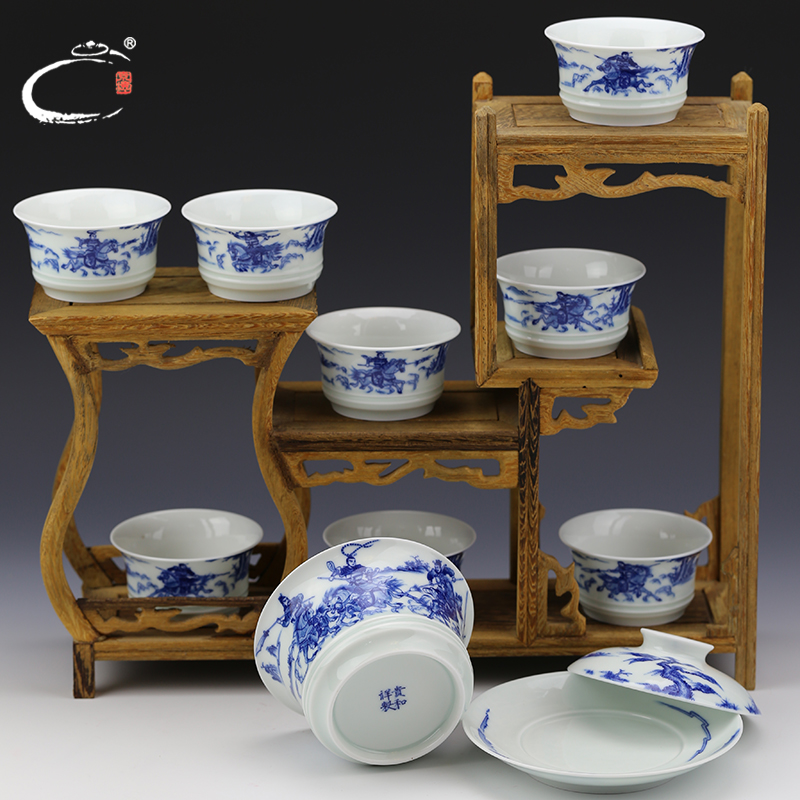 And auspicious jingdezhen blue three British war lyu3 bu4 tureen group hand - made ceramic kung fu tea tureen tea set