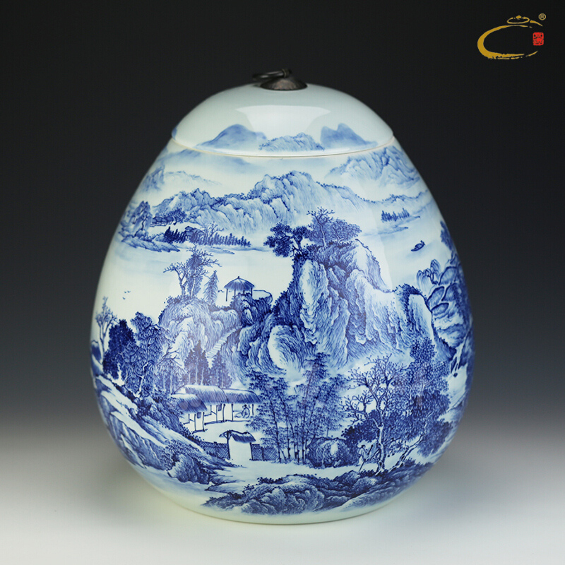 Beijing 's blue and white landscape and auspicious hand seven balls caddy fixings jingdezhen ceramic cake box large POTS