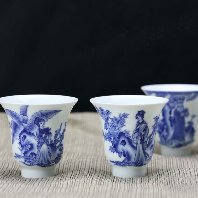 Beijing 's collection and auspicious hand - drawn characters of blue and white porcelain twelve gold hair pin sample tea cup cup bowl set by hand