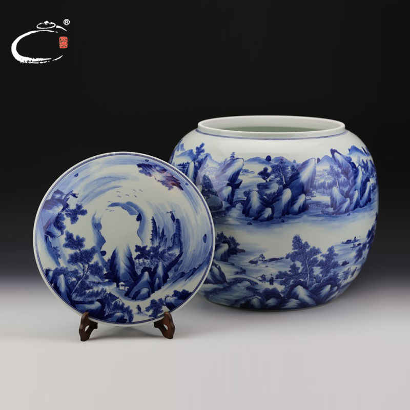 And auspicious kangxi landscape round canister to jingdezhen hand - made ceramic tea pot large tea packing seal pot