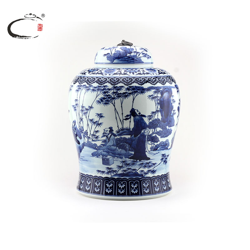 The Master of jingdezhen blue and white bamboo seven sages and auspicious caddy fixings hand - made seven loaves puer tea pot of tea packaging