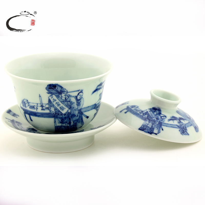 And auspicious jing DE treasure all hand tureen jingdezhen blue And white yipin regnant hand - made three cups to cover cup