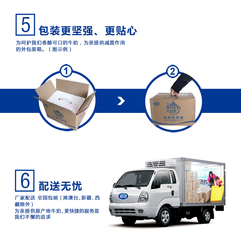 包装更坚强、更贴心为呵护我们香醇可口的牛奶,为亲提供减震作用的外包装箱。(图示例)电商专用箱配送无忧厂家配送全国包邮(港澳台、新疆、西藏除外)为亲提供原产地牛奶、更快捷的服务是我们不懈的追求-推好价 | 品质生活 精选好价