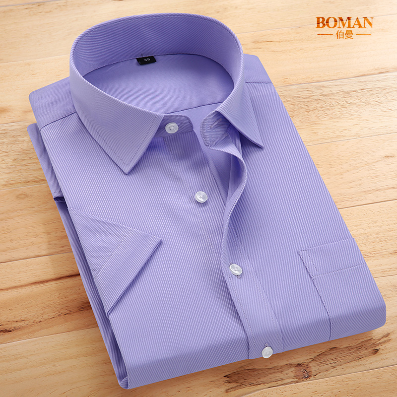 Berman summer thin short-sleeved shirt young man business professional frock purple white shirt groom wedding best man