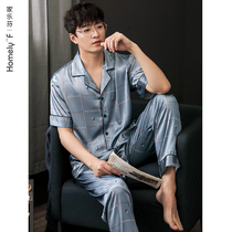 Pajamas mens summer silk Ice Silk short sleeve trousers home clothing mens mens summer thin silk set