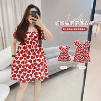 Amybaby parent-child clothing 2020 Summer new Korean version of love bubble sleeve peach heart collar loose mother and daughter dress