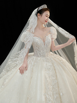 Wedding dress 2021 New Winter bride shoulder French pregnant women Main gauze luxury tailing Palace wind bubble sleeve