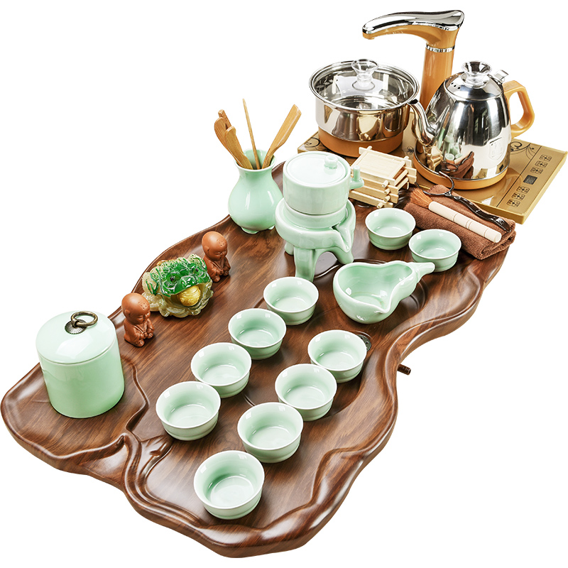 Violet arenaceous kung fu tea set household porcelain god solid wood tea tray machine automatic four one tea sea teapot teacup