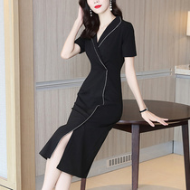 Summer dress 2021 new suit collar split long bag hip dress black temperament high end skirt summer