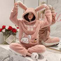 2021 New coral suede sleepwear woman cute even cap autumn winter style thickened large code loot home clothes can go out