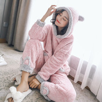 Pajamas womens spring autumn and winter sweet and cute coral velvet thickened plush with hat can be worn outside home clothes net red suit