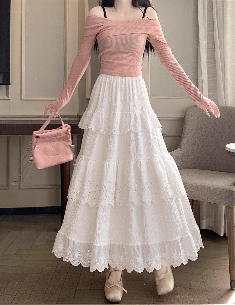 时尚高腰钩花蛋糕裙2025春季新款韩版百褶气质显瘦长款半身裙女