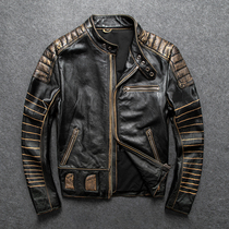 Leather leather mens first layer cowhide retro old handmade color stone grinding tough guy pure cowhide motorcycle jacket