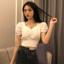 T-shirt female 2021 Autumn New retro temperament square collar bubble sleeve short top Joker solid color short sleeve T-shirt