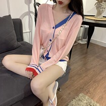 Knit womens autumn 2021 New stitching color v-neck cardigan coat Korean thin sunscreen shirt top