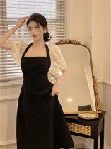 Retro Sexy Dew Back Bubble Sleeves Splicing Short Sleeves Dress Summer Temperament high waist and body a dress feminine