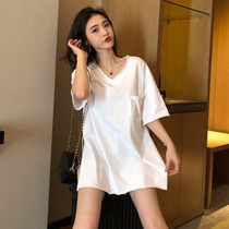 Autumn new Korean version of the long solid color T-shirt womens short sleeve loose split Joker top casual base shirt