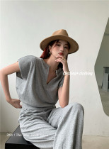 Grey Casual Fashion Suit Summer V Collar Loose Short blouses High waist display slim wide leg Sports trailed Long pants