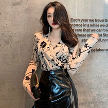 Autumn New temperament cross V collar printed shiny silk mesh base shirt slim slim slim long sleeve T-shirt top women