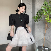 Fashion Suit Womens Summer Retro Design Sensation Small Crowd Bubble Sleeve Shirt High Waist Netting Fluffy Skirt Two-piece Set