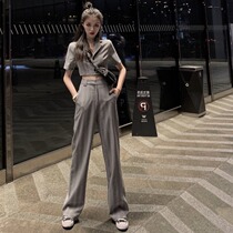 Autumn suit womens navel lapel short sleeve temperament small suit jacket plaid loose pants high waist trousers