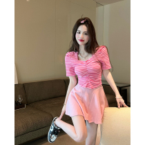 Salt Can Sweet Suit Woman Summer Temperament Square collar striped short sleeves Knitted Sweatshirt High Waist Half Body Dress Fashion two sets