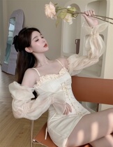 Pure desire for a straight shoulder one-piece dress Summer ultra-fairy net yarn Lantern Sleeves Fairy Skirt Design Sense Cashew Slim a dress