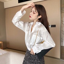 Womens autumn New POLO collar long sleeve shirt top tide Korean chic satin glossy double pocket shirt