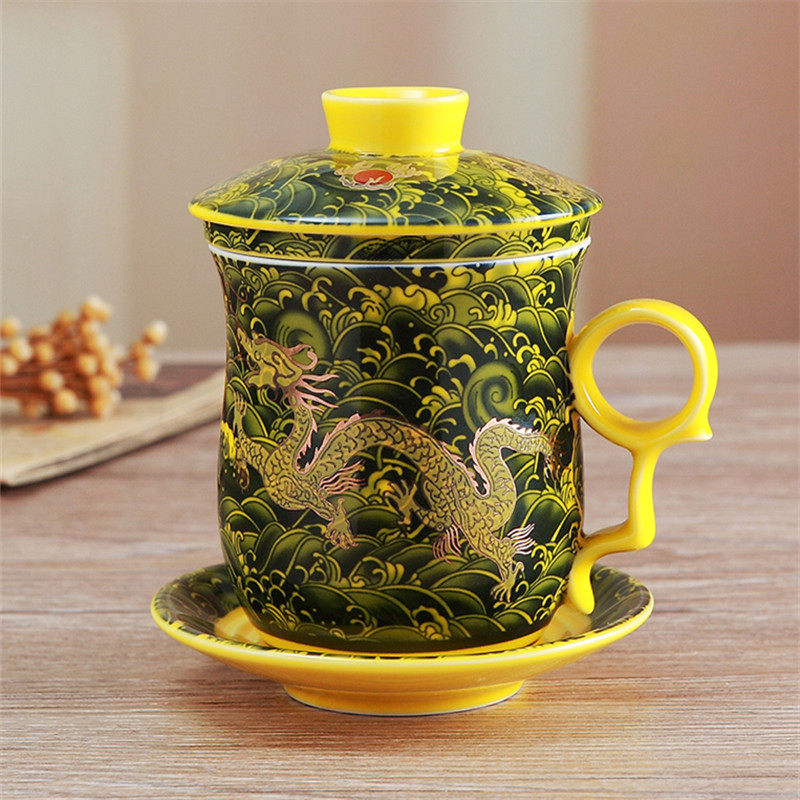 景德镇龙杯四件套陶瓷过滤带盖泡茶杯办公室水杯青花瓷个人杯