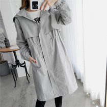 Trench coat womens long 2021 Autumn New Korean version of loose hooded waist zipper over knee spring and autumn coat tide