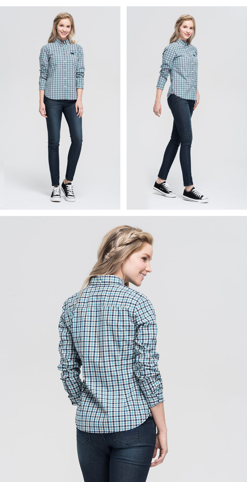 plory韩国衣恋正品春夏新品女装休闲格纹长袖衬衫poyc611f02