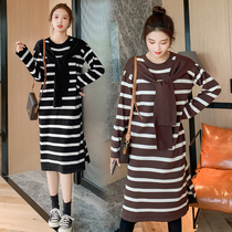 Pregnant woman Liondress Spring and fall in length style Fashion Loose Striped Knit Sweater Net Red Suit Subfall Long Dress