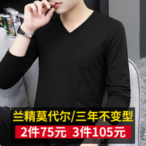 Modal long sleeve T-shirt mens V-neck trend interior base shirt tight solid color black autumn shirt autumn clothes