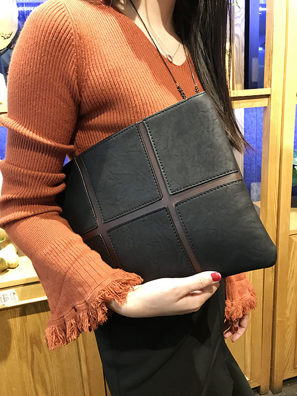 女士气质手包2018秋韩版复古手抓包大容量ipad拼接信封包斜跨小包_7折