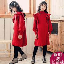 Girls sweater dress autumn and winter 2021 New thick skirt Princess foreign girl baby red dress New Year dress