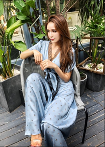 lace stitching silk satin bee lady broad-legged trousers two sets