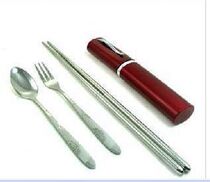 Healthy life Korean pen stainless steel spoon chopsticks fork three-piece set portable tableware random hair