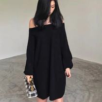 Fall Korean version loose Lazy Word in a sweater dress for a long section of a students lantern sleeve knitted dress