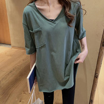 Fat mm medium long - range 300 pounds loose short - sleeved T - shirt summer v - collar 240 pounds of thin clothing tide