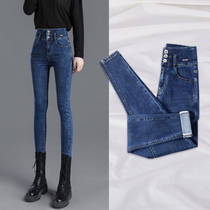 High-waisted breasted jeans womens pencil pants 2021 Spring and Autumn New skinny Joker womens pants tide