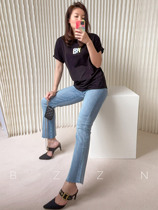 Put on the leg straight mo * r21 high-elastic shape thin waist waist belly lift hip micro-straight tube edging jeans