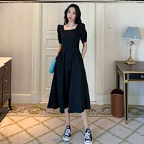 Black square collar retro dress womens 2021 new fried street French bubble sleeves waist thin long skirt summer