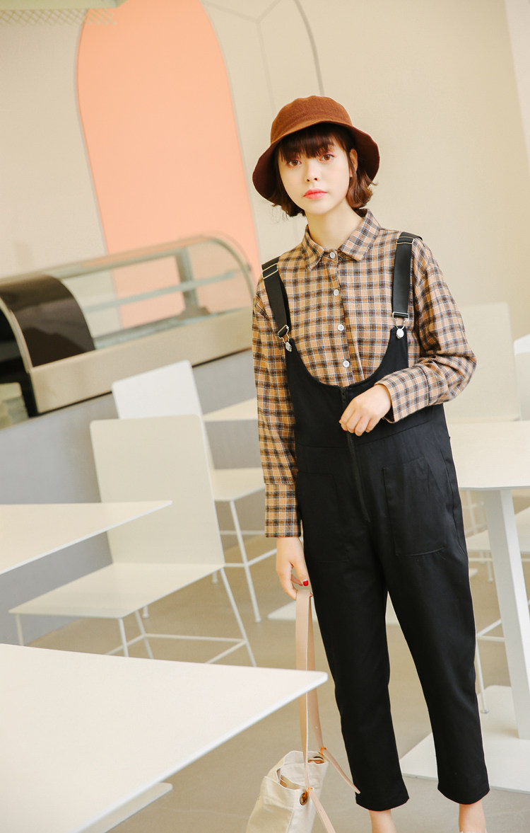 实拍 背带裤女2019春款修身显瘦百搭大码纯色背带裤长裤3046