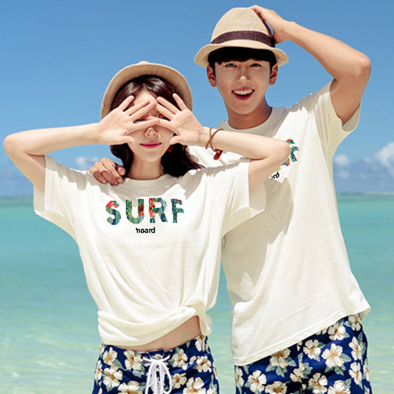 夏季品牌蜜月海边度假沙滩情侣装夏装潮男女韩国短袖t恤短裤套装 去