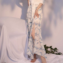 AS fairy air overflow screen retro crane print split high waist a skirt womens 2021 new long skirt