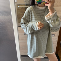 nam kk Korean womens wardrobe vip fresh retro green strip color match wild loose long sleeve T-shirt