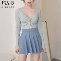 Conjoined Swimsuit Women Summer Conservative Veil Fashion 2021 New Long Sleeves Student Skirt Flat Corner Small Chest Gathering Swimsuit