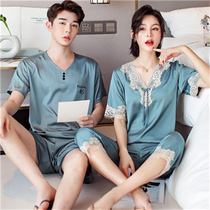 High-end couple pajamas smooth silk short sleeves female sensory lace two sets of thin loose silk male suits